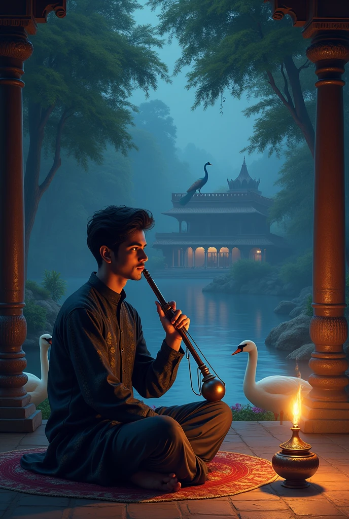 Night background with moon
Hindustani hall
Inside hall a young handsome men with black diamond kurta with vennai instrument
Besides him kuthu vilakku
Around the hall river with swans and peacock on the rock with proud or in the top of hall
Trees
A bit far n peacock n building visible more more classy romantic n make the Tamil cultural top of everything