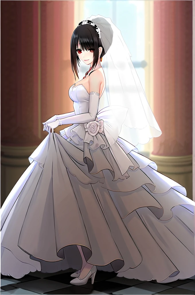 tokisaki kurumi,((masterpiece)),(((best quality))),((ultra-detailed)),((illustration)),((disheveled hair)),((frills)),(1 girl),(solo),1girl, bare shoulders, black hair, bow, bridal veil, bride, checkered, checkered floor, clothes pull, clothing, cross, dress, dress lift, dress pull, earrings, elbow gloves, female, female only, full body, garter straps, glass slipper, gloves, hair bun, hair over one eye, hand on window, headdress, head turned, high heels, jewelry, lace, lace trim, lace-trimmed legwear, lace-trimmed thighhighs, legs, lingerie, long legs, looking at viewer, necklace, open dress, open wedding dress, parted lips, red eyes, shoes, short hair, short hair with long locks, side view, smile, strapless dress, sunbeam, sunburst, sunlight, thighhighs, tied hair, veil, wedding dress, white bow, white legwear, white thighhighs, window, full body, Rating:safe, profile, from side, Show your thighs,