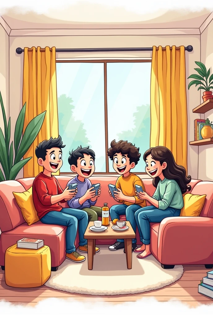 A cartoon background of a living room which can sit for 4 people who are stoners who paying game at it.dont need people in it just want a line art background