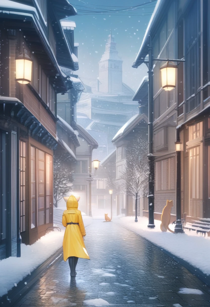 ((Masterpiece)), ((Best Quality)), (Very Detailed), ((Very Detailed)), 4K, (8K), very aesthetic, absurdres highres, 1 woman, (anthropomorphic cat, furry, kemono:1.5), A woman wearing a bright yellow raincoat is walking against a snow-covered cityscape. Light snow continues to fall, and snow accumulates on the ground and the roofs of buildings. The shine of the raincoat catches the eye, and the cold blue and white tones make the whole look mysterious.