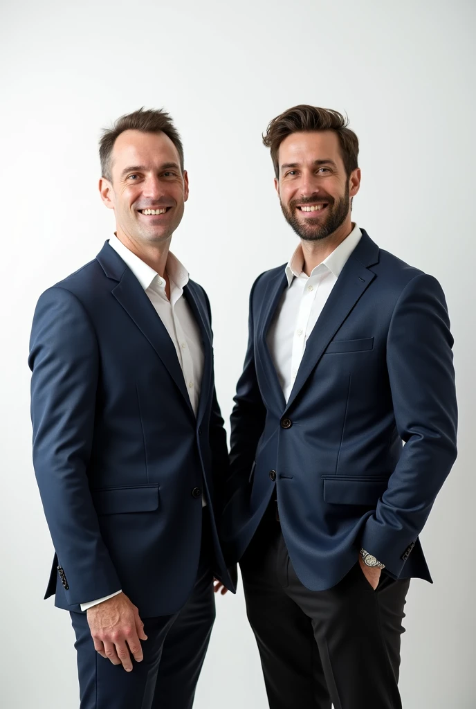 2 men wearing blazer posing for LinkedIn profile in white background