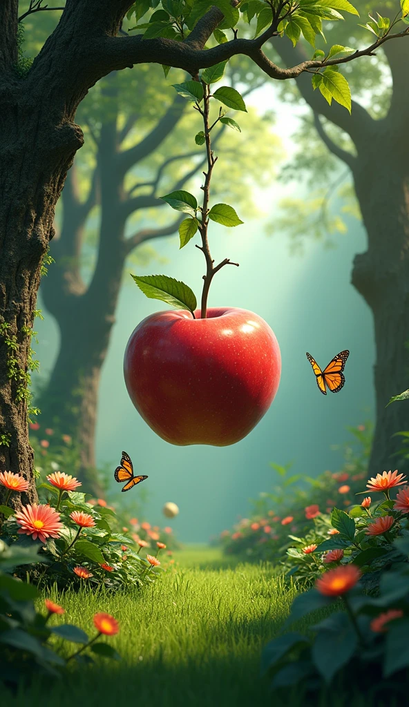 A 3d jungle beautiful apple in big trees grassy land flowers butterfly on plants