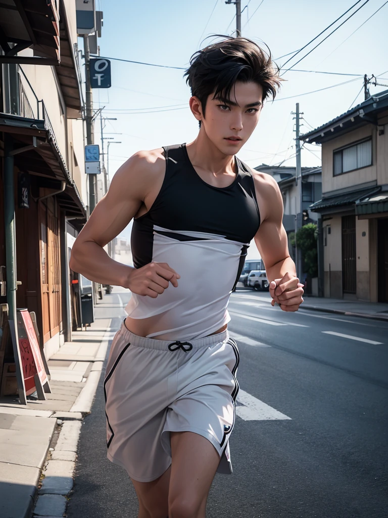 Cinematic Photo of a handsome japanese men 25-30 y.o fashion model, medium black hair. He is a runner. Wearing top tank. Running on the street on euro. Morning time
