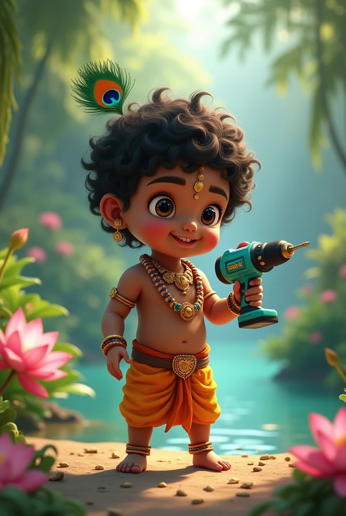 Generate an animated image of baby lord Krishna holding a light turquoise coloured drilling machine in his hand