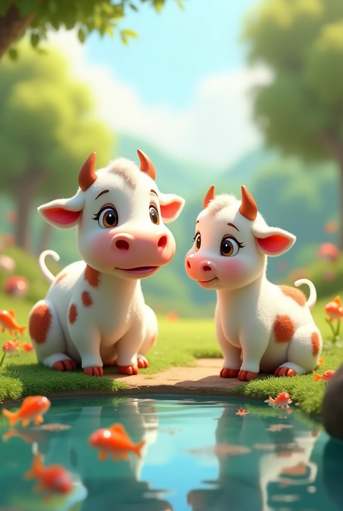 3d cartoon style"a child cow(colour of cow is white with black spots) talking to mother cow (fish swimming in the lake(small lake). In the lake has few fish, image viewed angle from very small angle.
