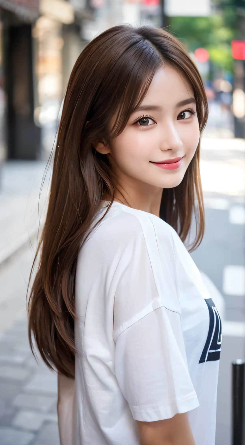 (top-quality,8K quality,masterpiece:1.3,),(Ultra-high resolution:1.3,Reality:1.4,Original photography:1.2),(ultra - detailed:1.2,Glossy glossy skin,Delicate skin:1.1),(Detailed face,perfect anatomia,Caustics),1 girl,kawaii,japanes,age 22,Japanese Ido,natural brown hair,Shoulder-length hair,pretty eyes,natural makeup,Oversized T-shirt,A smile,looking at the camera in,On the face,Face focus,on the street corner,Professional Writing,Natural soft light,