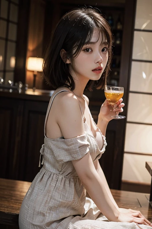 ((extreme close up)), side view, watching camera, A sophisticated bar setting exudes an atmospheric glow, featuring stylish dim lighting and a cozy ambiance. In sharp focus,  a thin Japanese actress in her 20s, with tied medium, loosely curled brown hair, sits on a bar stool. Dressed in a white plunging neckline long relaxing dress, licking a short cocktail. The scene captures an elegant, intimate mood, enriched by warm lighting and rich textures, creating a masterpiece of visual allure., from side, UHD, masterpiece, anatomically correct, textured skin, super detail, nipple slip