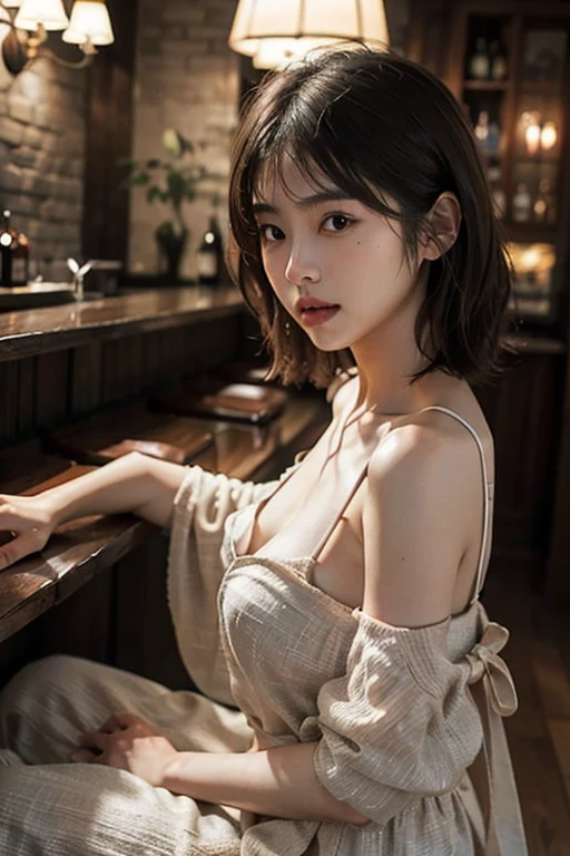 ((extreme close up)), side view, watching camera, A sophisticated bar setting exudes an atmospheric glow, featuring stylish dim lighting and a cozy ambiance. In sharp focus, a thin Japanese actress in her 20s, with tied medium, loosely curled brown hair, sits on a bar stool. Dressed in a white plunging neckline long relaxing dress, licking a short cocktail. The scene captures an elegant, intimate mood, enriched by warm lighting and rich textures, creating a masterpiece of visual allure., from side, UHD, masterpiece, anatomically correct, textured skin, super detail, nipple slip