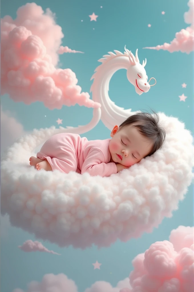 A -yead Chie baby girl,ly, face round,Slept on a white dragon bed, a photorealistic painting by Ju Lian, shutterstock contest winner, Fantasy art, a pink dragon made of clouds, Chinese fantasy, lie on white clouds fairyland，Camera shot, Film style, Intricate and refined details, high qulity，japanaese girl