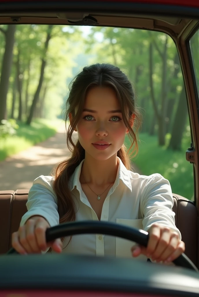 A white woman with brown tied hair and blue eyes wearing a white button-down shirt driving a car on a forest road