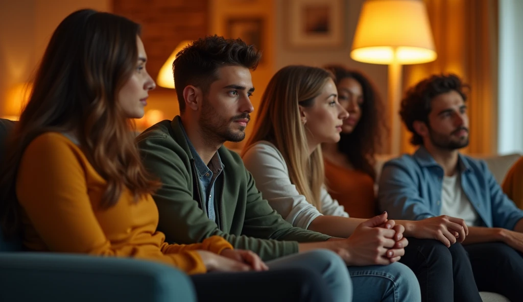 A highly realistic, high-contrast, 8K HD, detailed, hyper-detailed image of a group of young men and women sitting on sofas in an American-style room, illuminated by warm, orange lighting. The room is cozy with modern furniture, and the atmosphere is relaxed as they engage in conversation. The faces of the individuals are clearly visible, with distinct, serious or neutral expressions, and hairstyles that can be easily recognized and replicated. The scene captures the casual and friendly vibe of the group in a comfortable, inviting setting, without any smiling expressions.

