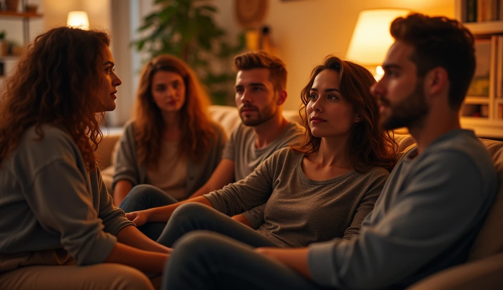 A highly realistic, high-contrast, 8K HD, detailed, hyper-detailed image of a group of young men and women sitting on sofas in an American-style room, illuminated by warm, orange lighting. The room is cozy with modern furniture, and the atmosphere is relaxed as they engage in conversation. The faces of the individuals are clearly visible, with distinct, serious or neutral expressions, and hairstyles that can be easily recognized and replicated. The scene captures the casual and friendly vibe of the group in a comfortable, inviting setting, without any smiling expressions.
