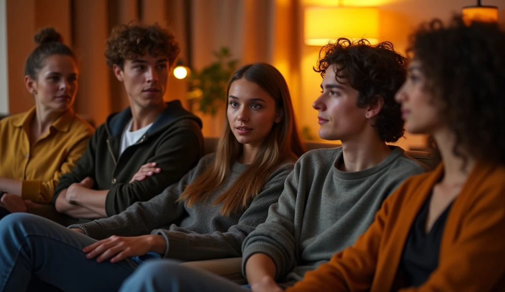 A highly realistic, high-contrast, 8K HD, detailed, hyper-detailed image of a group of young men and women sitting on sofas in an American-style room, illuminated by warm, orange lighting. The room is cozy with modern furniture, and the atmosphere is relaxed as they engage in conversation. The faces of the individuals are clearly visible, with distinct, serious or neutral expressions, and hairstyles that can be easily recognized and replicated. The scene captures the casual and friendly vibe of the group in a comfortable, inviting setting, without any smiling expressions.
