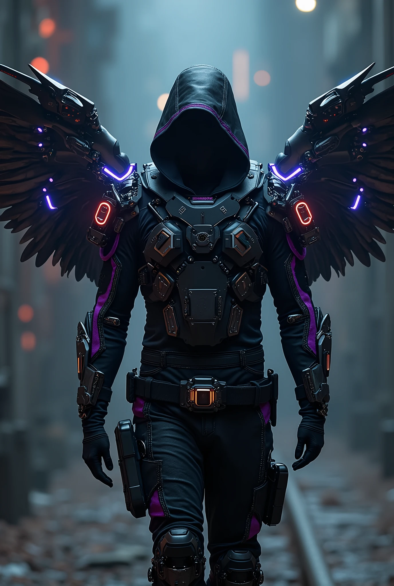  
A man stands with his back to the viewer, dressed in futuristic tactical gear. His outfit is a mix of modern tank designs and high-tech elements, mainly in black, with purple accents, silver, neon blau, and red. On his back, he has mechanical wings made of shiny metal, adorned with neon lights that glow in blue and red. The wings are elaborately designed, with a touch of futuristic technology. The man is wearing a hood, which is pulled low over his head, his face hidden in the shadow. The scene is dark and mysterious, with a slightly futuristic shimmer from the neon lights. The wings are reminiscent of angel wings and are retracted. The wings are bigger than the man. The wings are attached to his back 