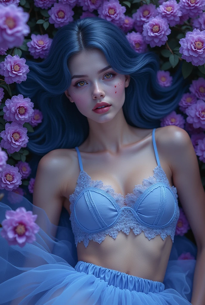 The vampire queen is lying in a field of purple flowers、One person, Light blue lace underwear、She is wearing a light blue tulle skirt、Blue Hair/Light blue hair, Golden Eyes, Textured skin, Ultra high definition, Very detailed, Large Breasts, delicate facial expression cinematic light effects, Abuse of color difference, Halftone Style, fluorescence, Artistic, Various colors of light、Countless petals fluttering down、Countless flowers bloom in profusion、Backlight, fluorescence, Realistic skin texture、Blood splattering、Vampire、Attractive woman、maternal