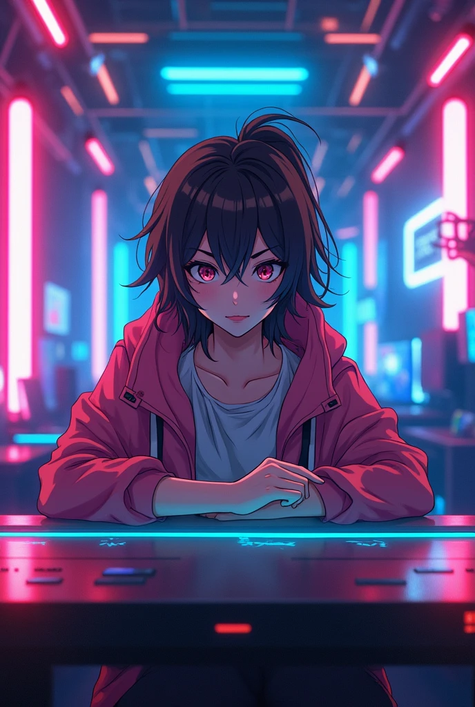 Anime character on a gaming table and neon lights on back