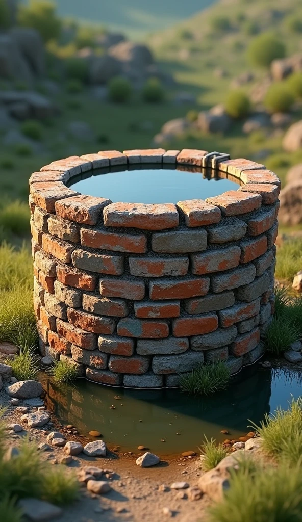 "Create an image of a water well built with bricks. The well must have a cylindrical structure made of rustic bricks, with some bricks visibly worn to give an aged appearance. The water inside the well must be clear and reflective.. The surrounding environment should be natural and peaceful., with simple vegetation such as grass or shrubs, and a soft light that highlights the texture of the bricks. The background can be a clear sky or a country setting to complement the scene.."