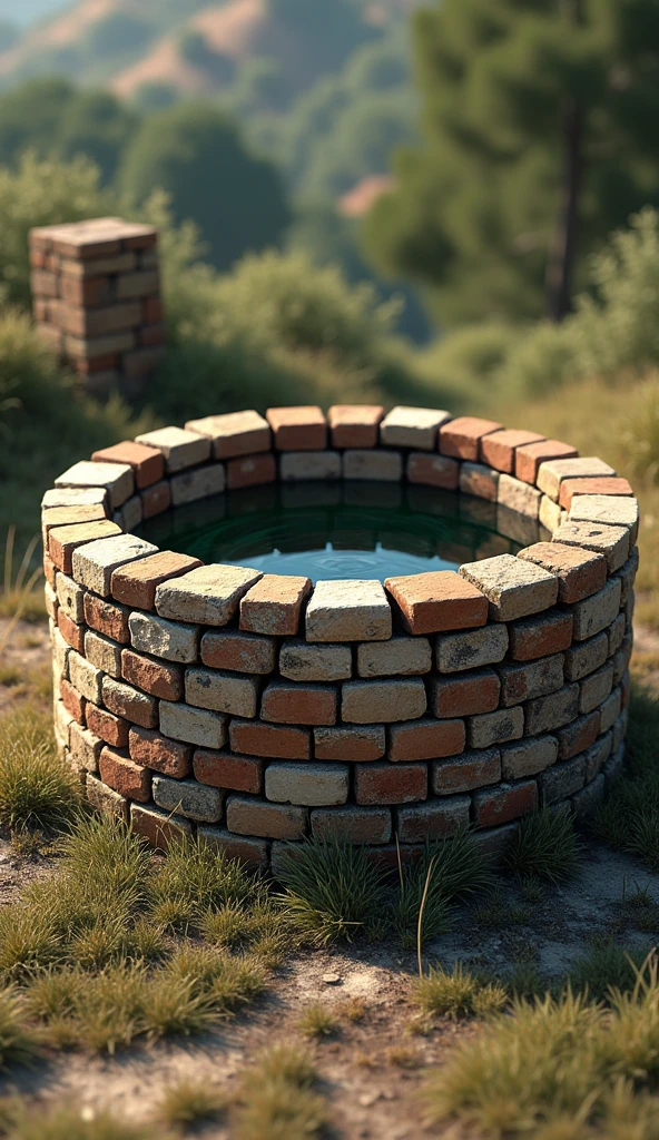 "Create an image of a water well built with bricks. The well must have a cylindrical structure made of rustic bricks, with some bricks visibly worn to give an aged appearance. The water inside the well must be clear and reflective.. The surrounding environment should be natural and peaceful., with simple vegetation such as grass or shrubs, and a soft light that highlights the texture of the bricks. The background can be a clear sky or a country setting to complement the scene.."