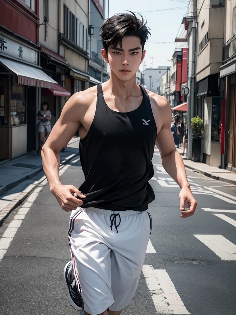 Cinematic Photo of a handsome japanese men 25-30 y.o fashion model, medium black hair. He is a runner. Wearing top tank. Running on the street on euro. Morning time