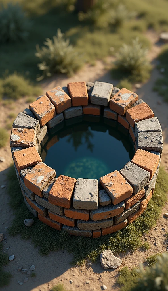 "Create an image of a water well built with bricks. The well must have a cylindrical structure made of rustic bricks, with some bricks visibly worn to give an aged appearance. The water inside the well must be clear and reflective.. The surrounding environment should be natural and peaceful., with simple vegetation such as grass or shrubs, and a soft light that highlights the texture of the bricks. The background can be a clear sky or a country setting to complement the scene.."