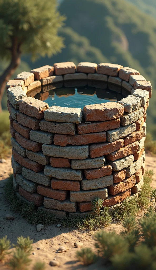 "Create an image of a water well built with bricks. The well must have a cylindrical structure made of rustic bricks, with some bricks visibly worn to give an aged appearance. The water inside the well must be clear and reflective.. The surrounding environment should be natural and peaceful., with simple vegetation such as grass or shrubs, and a soft light that highlights the texture of the bricks. The background can be a clear sky or a country setting to complement the scene.."