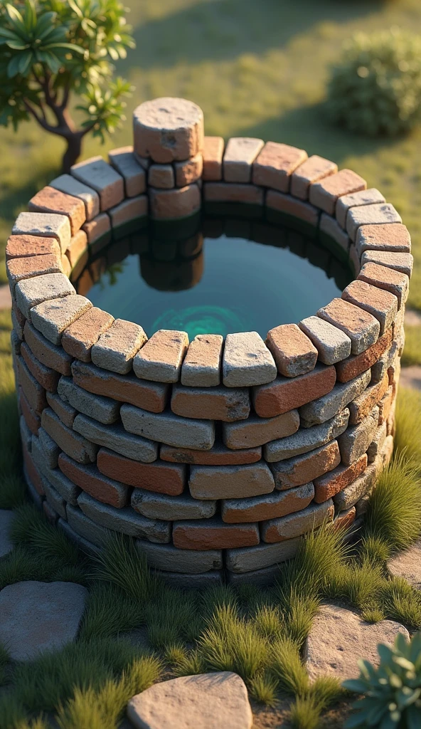 "Create an image of a water well built with bricks. The well must have a cylindrical structure made of rustic bricks, with some bricks visibly worn to give an aged appearance. The water inside the well must be clear and reflective.. The surrounding environment should be natural and peaceful., with simple vegetation such as grass or shrubs, and a soft light that highlights the texture of the bricks. The background can be a clear sky or a country setting to complement the scene.."