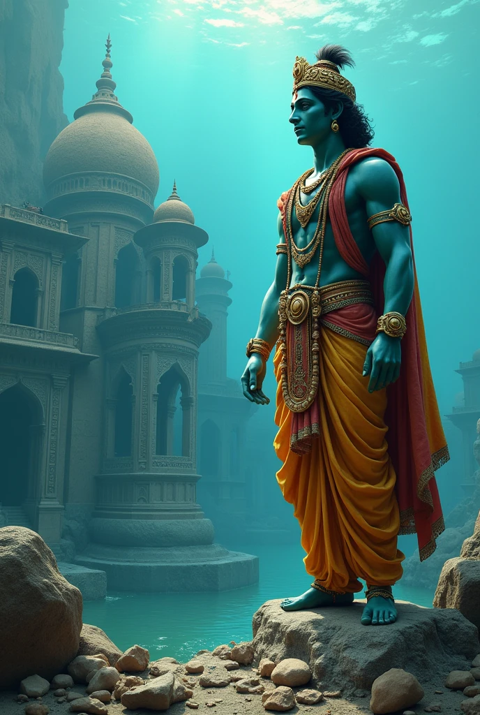 The image depicts a scene related to the ancient city of Dwarka, often associated with Lord Krishna. Here's a breakdown:
1. **Text (Hindi)**: The text at the top says "कैसे डूब गई श्रीकृष्ण की नगरी द्वारका" which translates to "How did Lord Krishna's city Dwarka sink?"
2. **Background Image**: The background shows an underwater city, representing the submerged city of Dwarka. This city is depicted with grand architecture, suggesting its ancient and significant nature.
3. **Foreground**: On the left, there is an image of a large, possibly broken statue submerged underwater, emphasizing the city's ancient and ruined state.
4. **Lord Krishna**: On the right, an image of Lord Krishna, dressed in traditional attire, is depicted, indicating his association with the city of Dwarka, which he is believed to have founded.
The image is likely part of content discussing the mythological or historical aspects of how the city of Dwarka, associated with Lord Krishna, came to be submerged underwater.