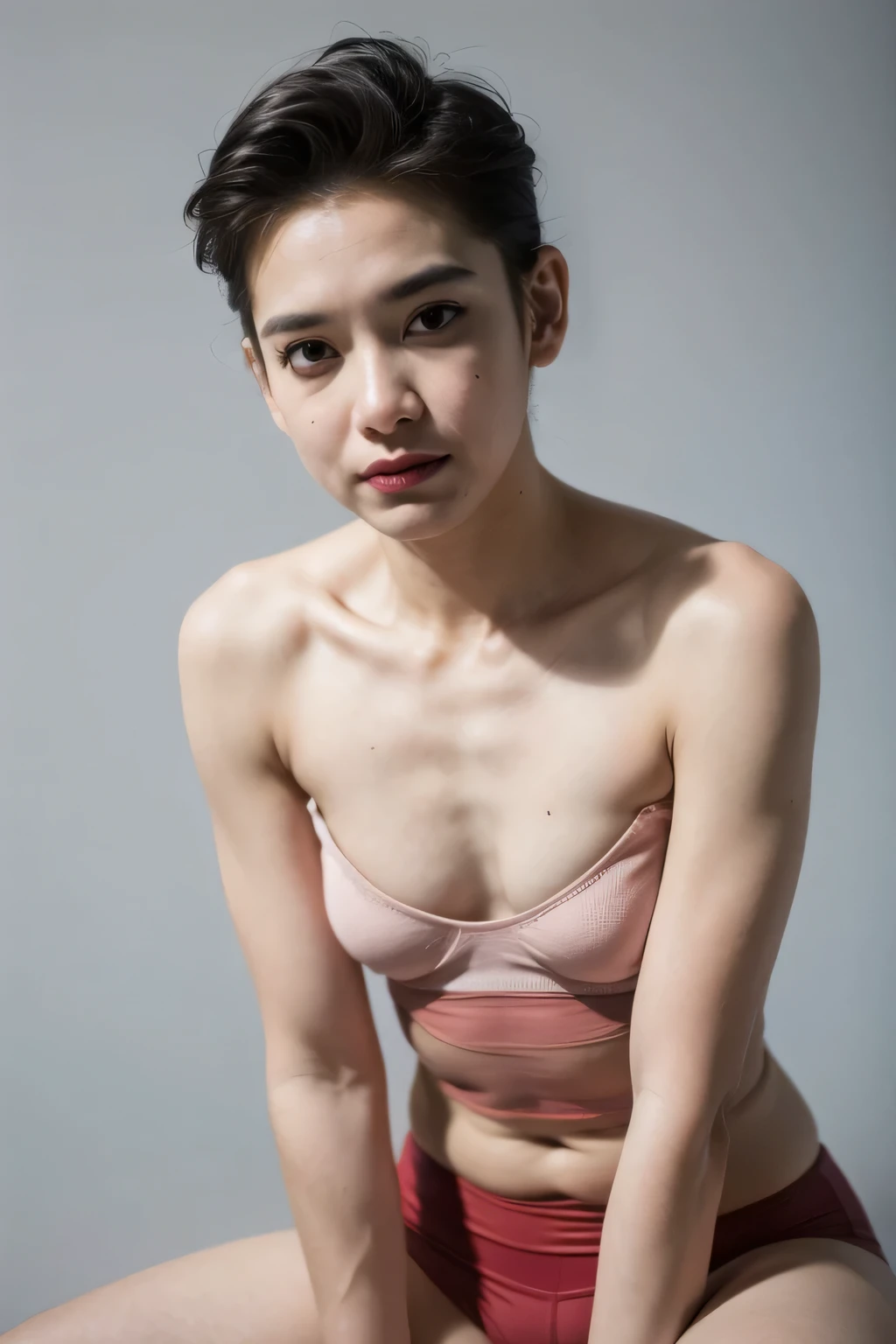 (SAD FACE EXPRESSION:1.3), Chubby adorable, (sport bra), (1 femboy), (face to face), , baby face, happy, half body portrait, (face details: 1), (eye details: 1), ((flat breasts)). wearing transparent transparency soft soft long shirt, .. Cute posed. proportional body. Ultra High Res. realistic: 1.4, UHD, ((shorthaircut)), ((flat breasts:1.32)), ((naked:1.44)), STRADDLING