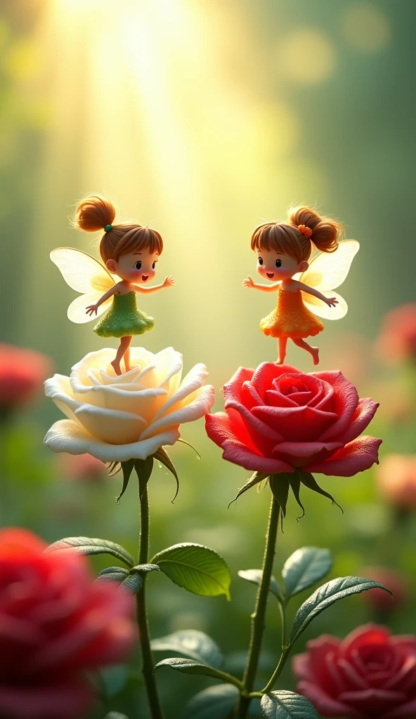 two rose, white rose and  red rose  in the garden dancing cartoon stylist, some water drops on flower,two dancing cartoon stylist fairies on both flowers sun rays in garden , greenery