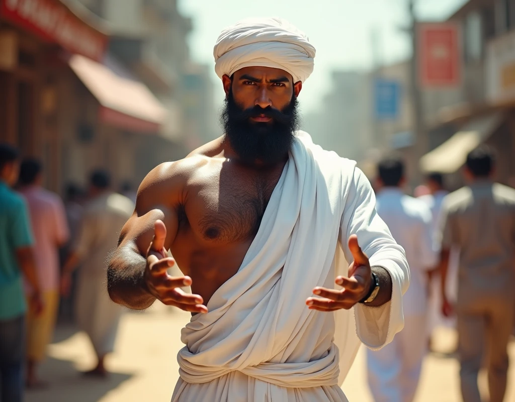 Musculer man,Black beard,wearing wite Kurta pejama,Wite turban hat,Hairy show Chest, Doing muslim greating pose, Attractive Eye Contact, Standing pose,in public indias Road in sunny day