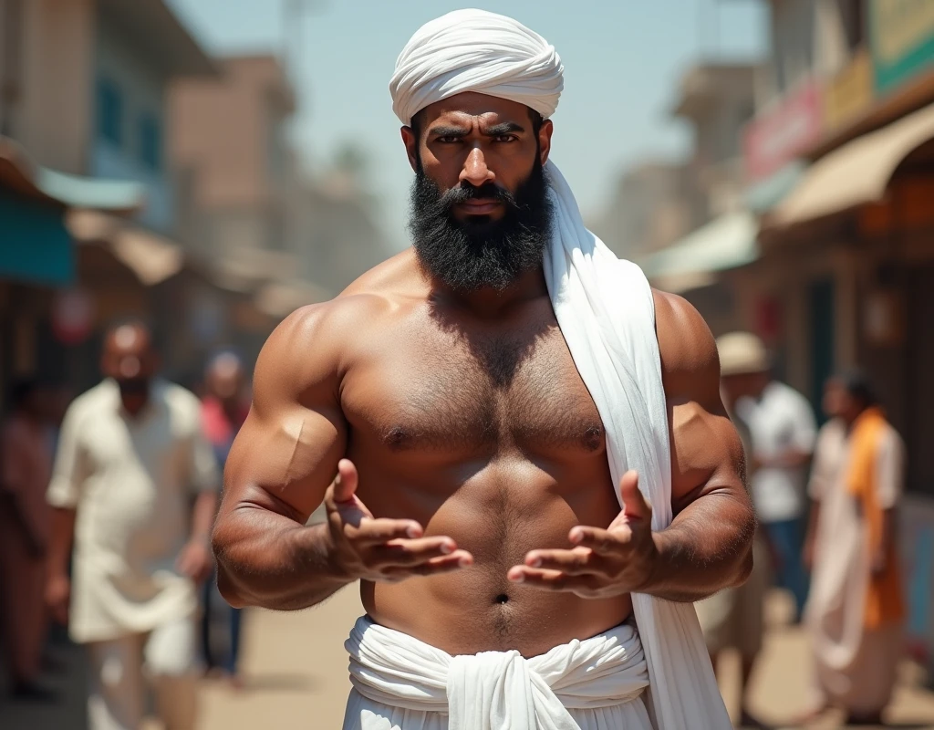 Musculer man,Black beard,wearing wite Kurta pejama,Wite turban hat,Hairy show Chest, Doing muslim greating pose, Attractive Eye Contact, Standing pose,in public indias Road in sunny day