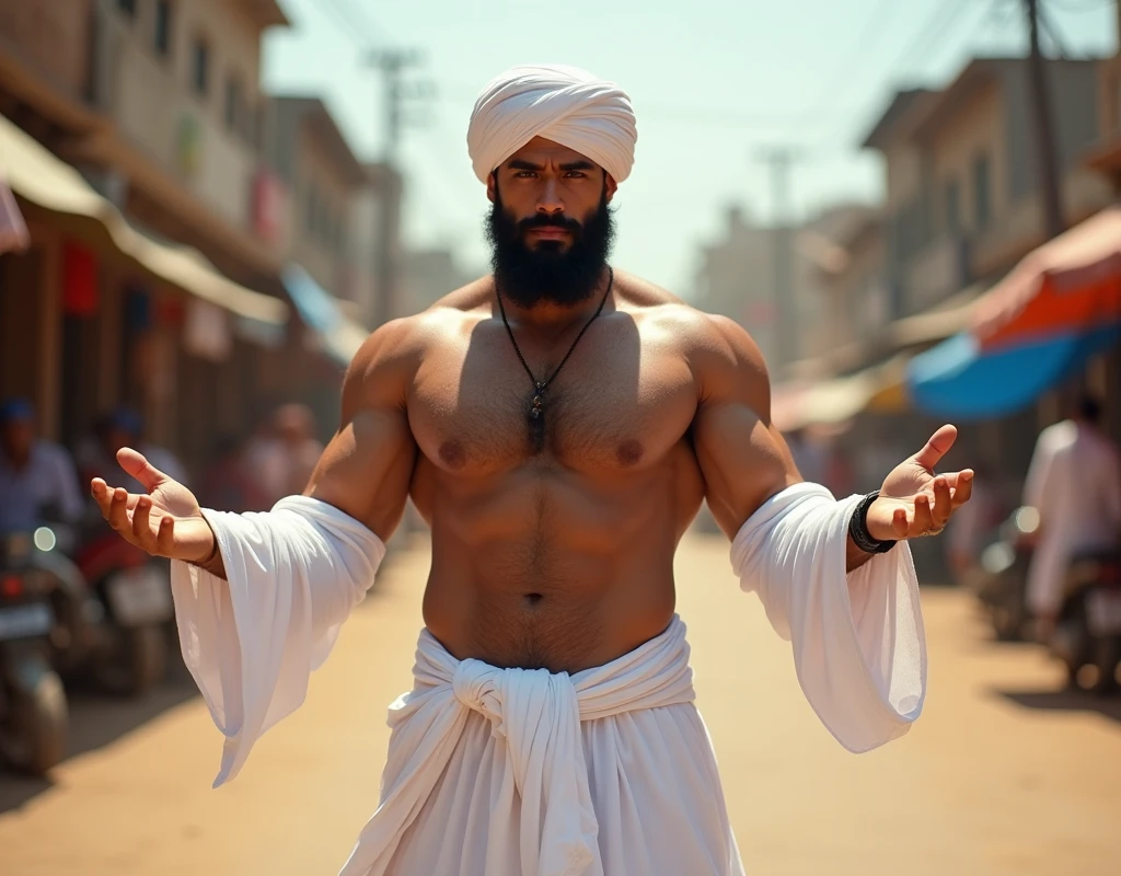 Musculer man,Black beard,wearing wite Kurta pejama,Wite turban hat,Hairy show Chest, Doing muslim greating pose, Attractive Eye Contact, Standing pose,in public indias Road in sunny day
