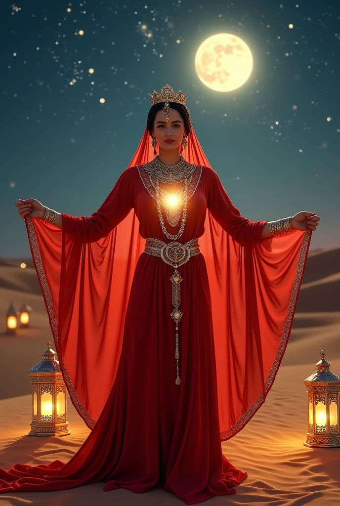 Woman in red Arabic dress holding an Arabic veil with both arms open an Egyptian necklace and bracelets on her wrist in the desert full of Arabic lanterns and a full moon and starry sky and a light in the heart and a crown on her head