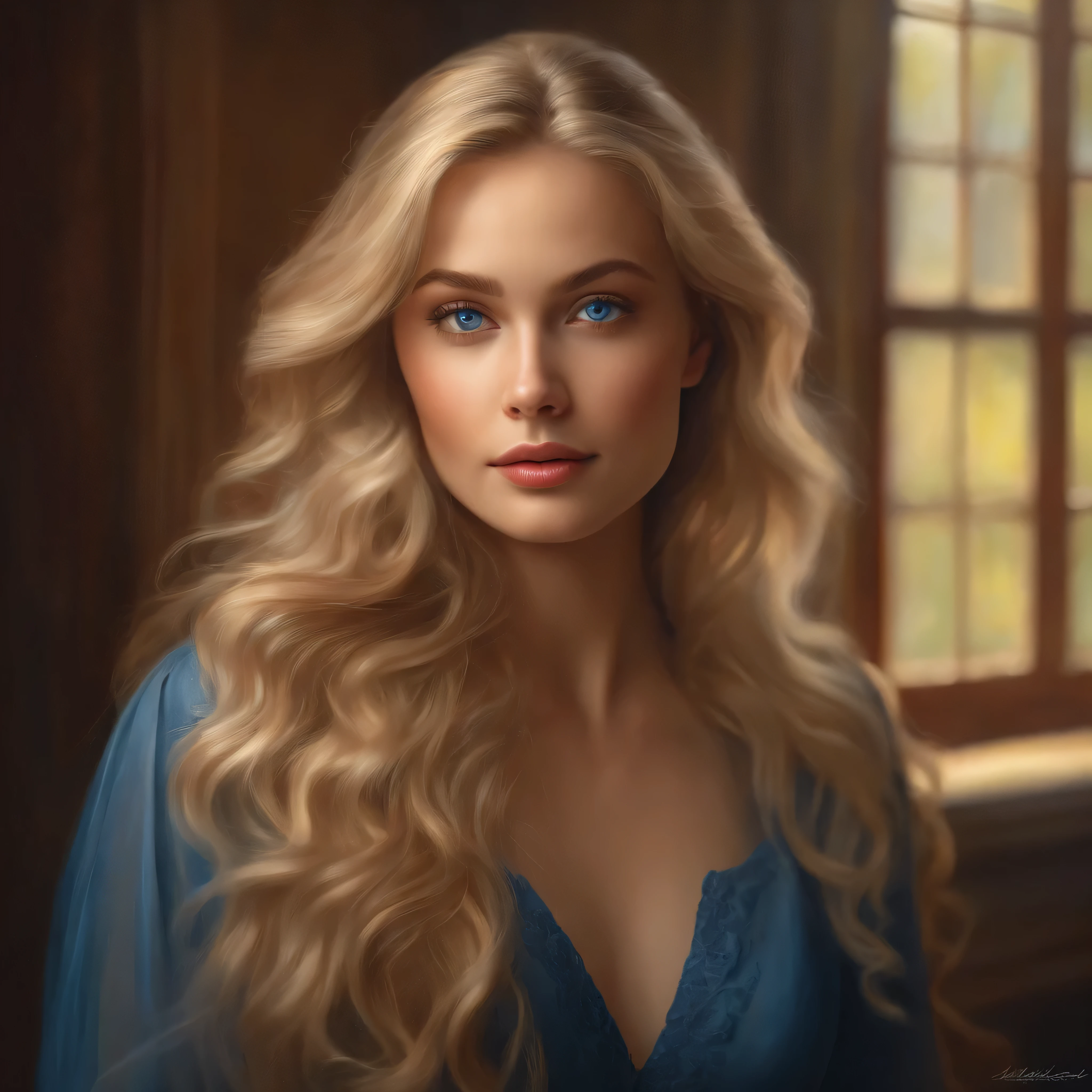 beautiful blonde girl, detailed portrait, intricate hair, stunning blue eyes, delicate facial features, elegant expression, graceful pose, serene mood, natural lighting, warm color tones, highly detailed, hyper-realistic, oil painting, lush background, vibrant colors, cinematic composition, digital art, masterpiece