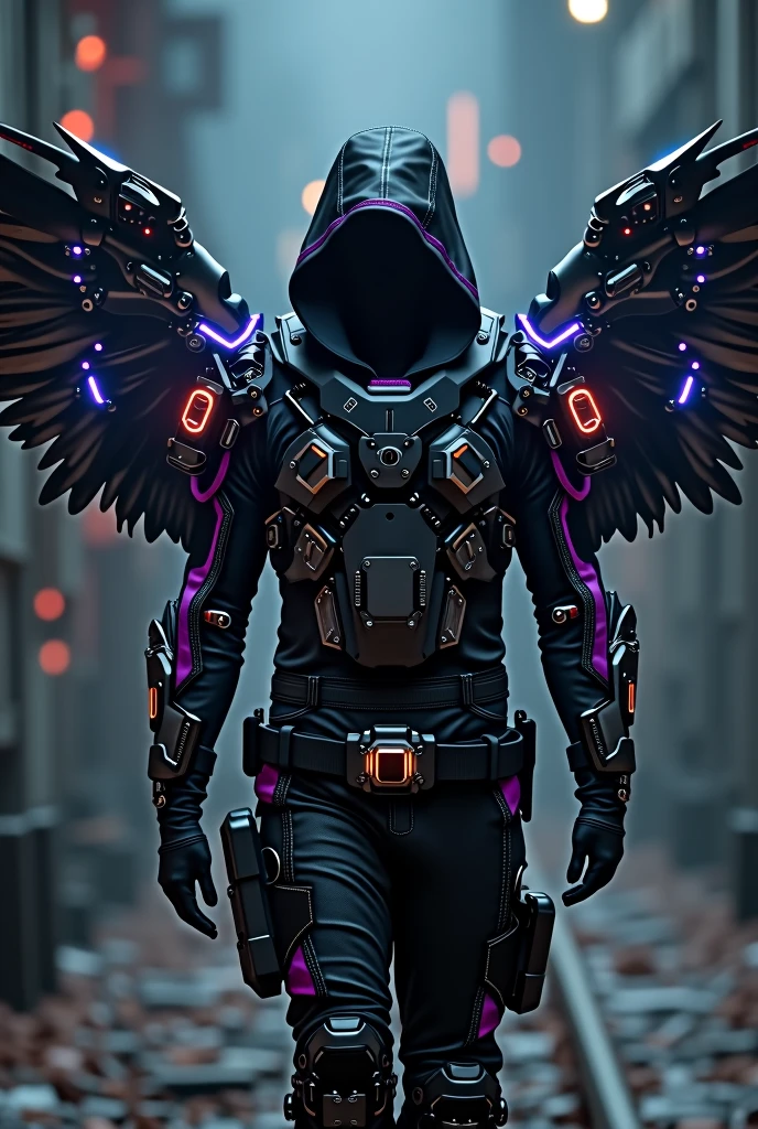 A man stands with his back to the viewer, dressed in futuristic tactical gear. His outfit is a mix of modern tank designs and high-tech elements, mainly in black, with purple accents, silver, neon blau, and red. On his back, he has mechanical wings made of shiny metal, adorned with neon lights that glow in blue and red. The wings are elaborately designed, with a touch of futuristic technology. The man is wearing a hood, which is pulled low over his head, his face hidden in the shadow. The scene is dark and mysterious, with a slightly futuristic shimmer from the neon lights. The wings are reminiscent of angel wings and are retracted. The wings are bigger than the man. The wings are attached to his back