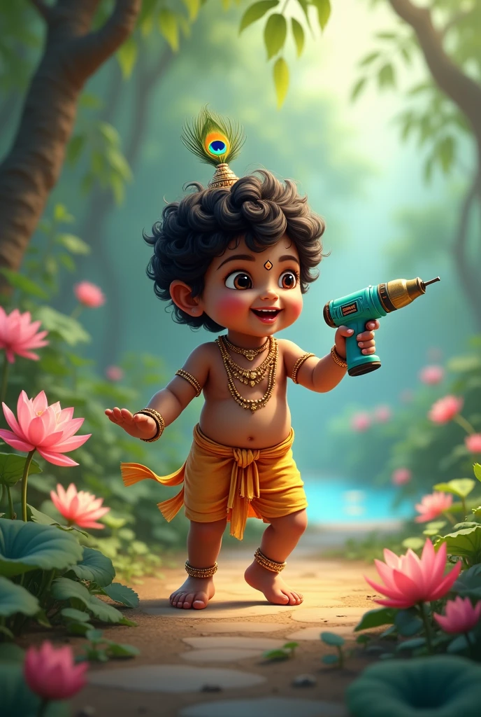 Generate an animated image of baby lord Krishna holding a light turquoise coloured drilling machine in his hand 