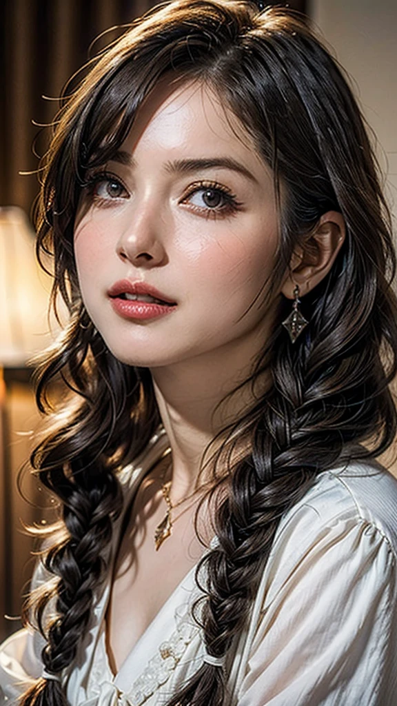 ((Beautiful Face:1.4)), (Purelos Face_v1: 1.0), Half Body,Highest quality, masterpiece,Gray Hair, Golden Eyes,White clothes, look up, Upper Body,hair,Fair skin,Side braid