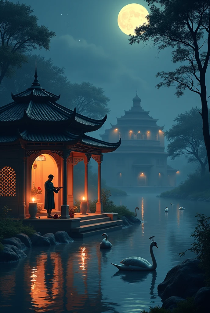 Night background with moon
Hindustani hall
Inside hall a young handsome men with black diamond kurta with Hindustani music instrument
Besides him lamps n Tamil cultural stuffs
Around the hall river with swans and peacock on the rock with proud or in the top of hall
Trees 
A bit far n peacock n building visible more more classy romantic n make the Tamil cultural top of everything 