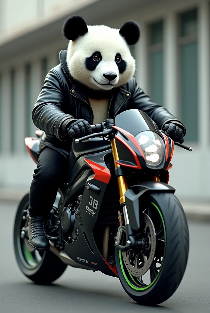 A panda bear in a leather jacket on a 2023 Kawasaki Ninja motorcycle
