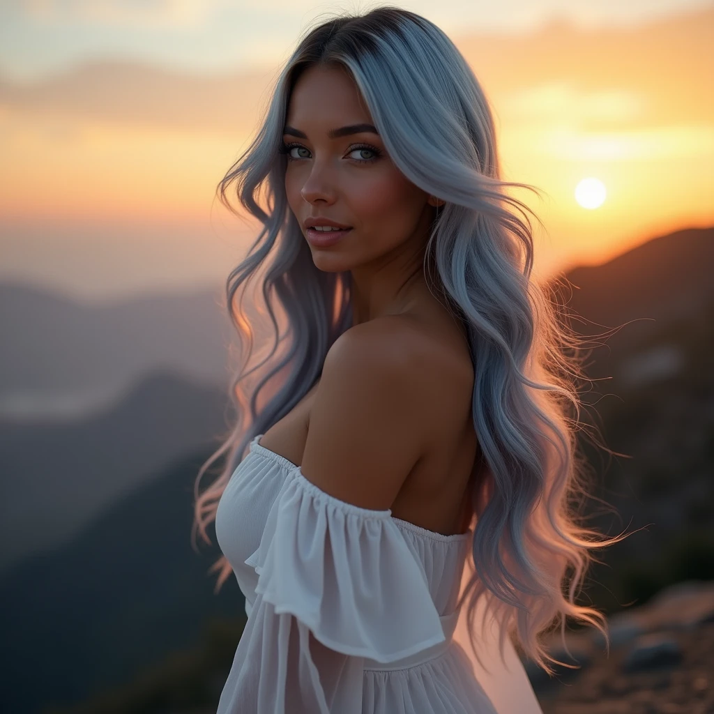 Dakr Silhouette of 1 beautiful biracial latina with light blue eyes and long light blue hair with big large breasts, on top of a mountain,big sunset behind,serene pose, photo realistic, Résolution Haute, white dress, extremely detailed full body, Gros Plan, contre-jour, portrait,Regardant le spectateur, Contre-Jour, closu-up, detailed hair