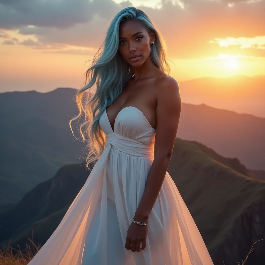 Dakr Silhouette of 1 beautiful biracial latina with light blue eyes and long light blue hair with big large breasts, on top of a mountain,big sunset behind,serene pose, photo realistic, Résolution Haute, white dress, extremely detailed full body, Gros Plan, contre-jour, portrait,Regardant le spectateur, Contre-Jour, closu-up, detailed hair