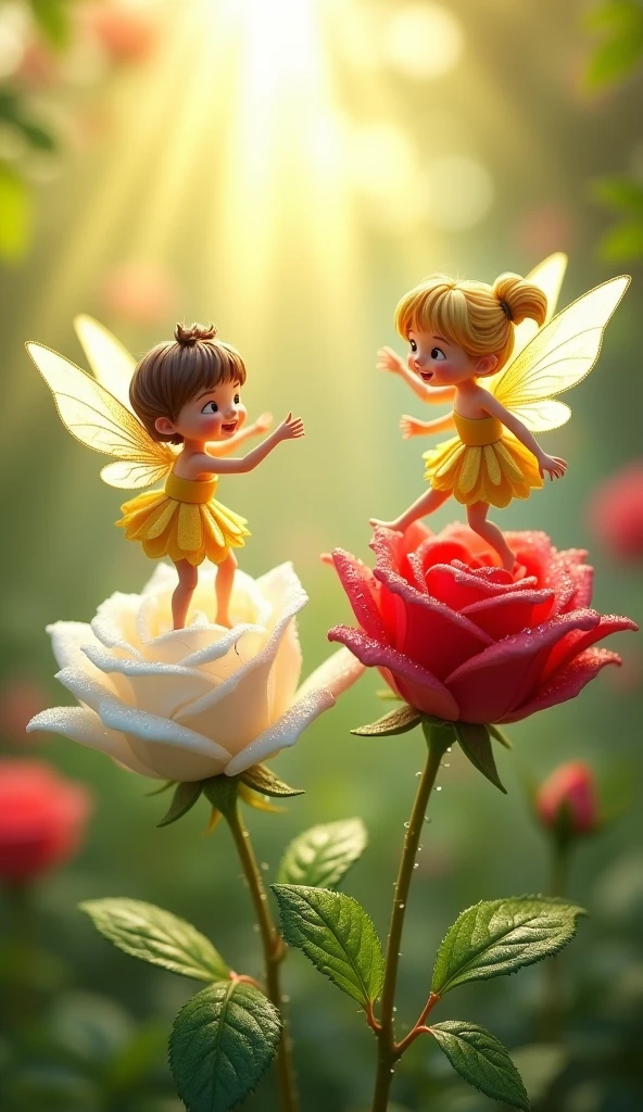 two rose, white rose and red rose in the garden dancing cartoon stylist, some water drops on flower,two dancing cartoon stylist fairies on both flowers sun rays in garden , greenery
