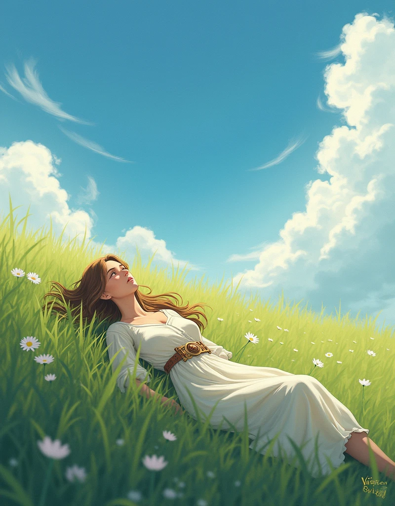 Generates a 20 year old girl from Vinland Saga who is happy lying in the grass, she looks at the sky and she has an expression as if she had found inner peace 