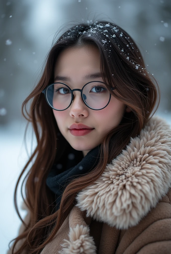 (mesa、of the highest quality、8k、Award-winning works、ultra high resolution)、A beautiful Filipino woman、(thick and large fur coat:1.3)、(A high-qualHey coat filled wHeh fluffy fur:1.2)、Brown hair、(long wavy hair:1.1)、Great cinema lighting.、(The most romantic and moody atmosphere.:1.1)、winter、snow scene、He'It's snowing、(Walking in the snow in Northern Europe:1.1)、look at me、(very big breasts:1.1)、blurred background、precise anatomy、Cabello ultra HD、ultra high resolution for perfect, beautiful teeth、Ultra High Definition Facial Beauty、Cabello ultra HD、ultra high resolutionの輝く瞳、bright, ultra high resolution beautiful skin、ultra high resolutionの艶やかな唇、(Closeup of face:1.1)、(Elegant round glasses:1.1)