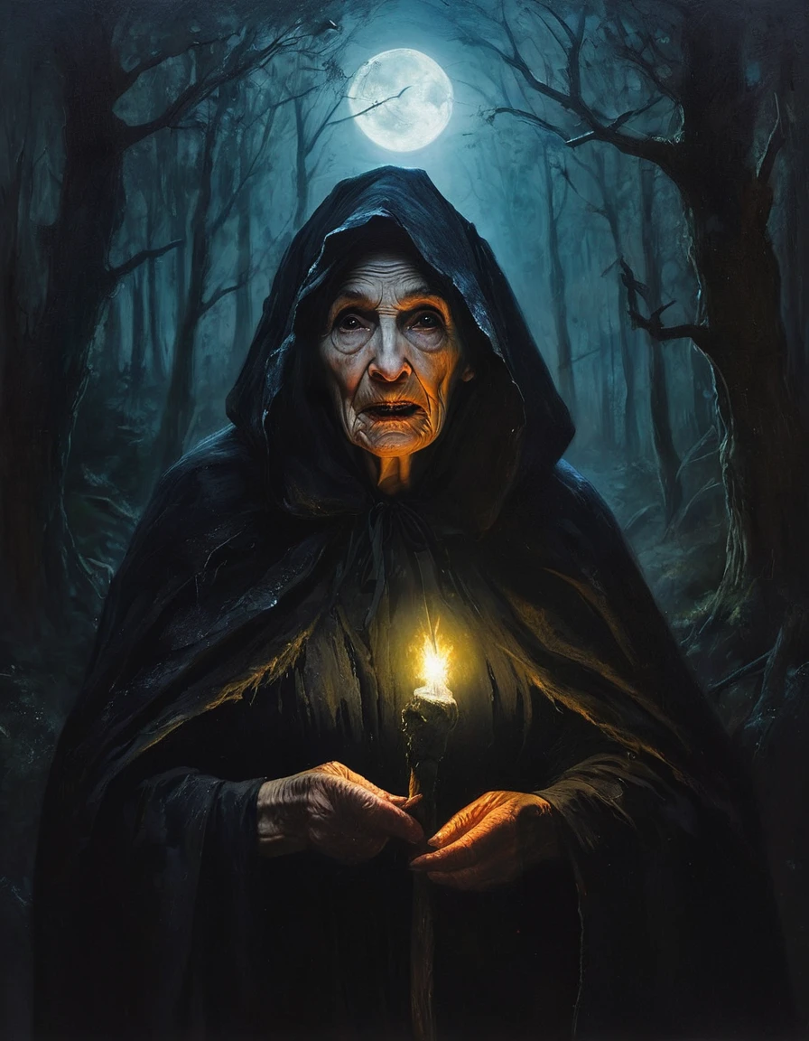 painting of an eighty year old witch woman, very ugly and poorly dressed, wearing a hood with a scary face, alone in a forest at night invoking the spirit of an old prophet, dark ritual, dark atmosphere, cinematic scene, volumetric lights, ultra realistic, in the style of nicola samori