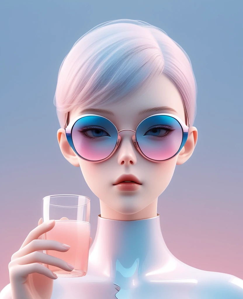 3D illustration of the upper body and face of an AI model wearing futuristic glasses, Stylish glasses with a drink attached,gradient background, pastel color palette, Pink blue, Simple, Cold metallic texture, surrealism,