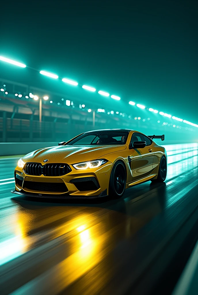 A BMW M8 Competition series on race track at the night with cyber neon punk yellow and green light