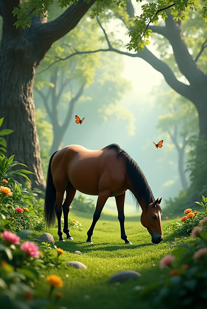 A 3d jungle beautiful trees grassy land flowers butterfly on plants a horse eat grass 