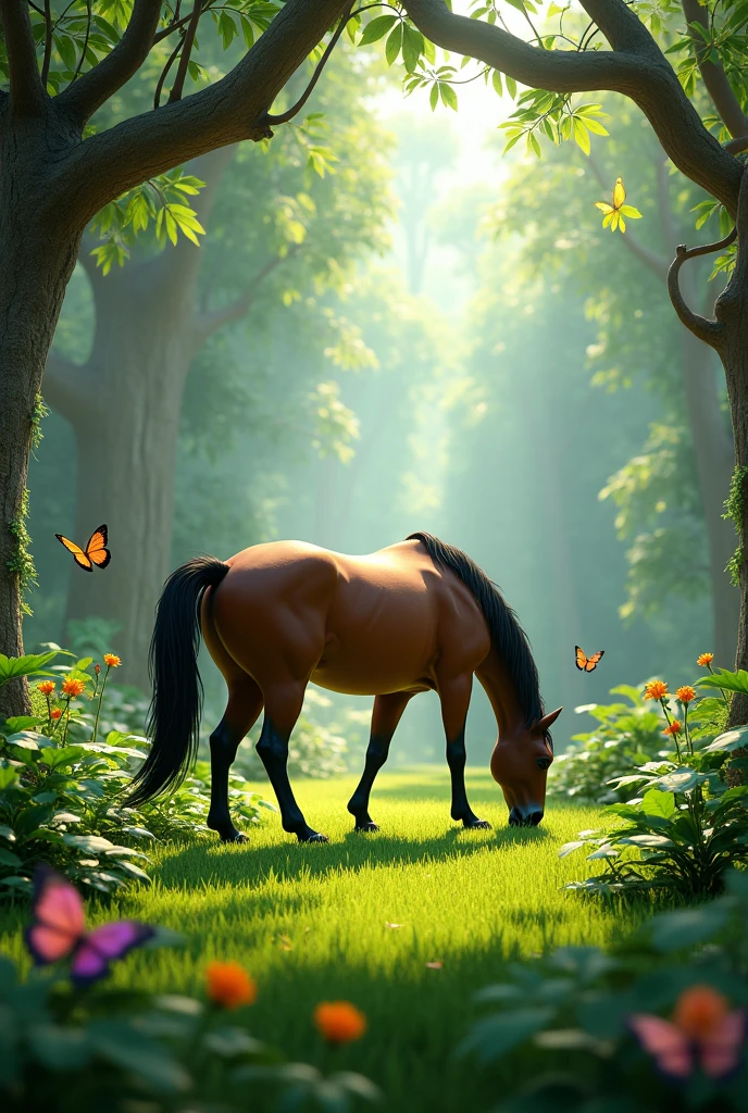 A 3d jungle beautiful trees grassy land flowers butterfly on plants a horse eat grass