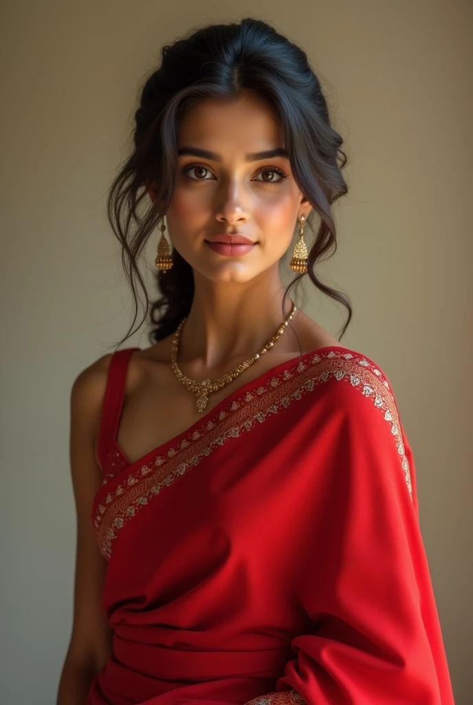 A 2 light brown indian girl, who is perfectly fit and wearing full red full saree, she is so cute and beautiful